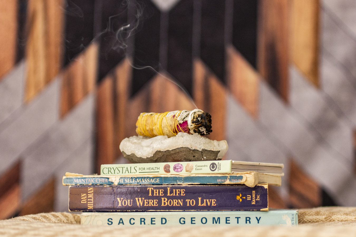 Crystals and books from Chelsea's healing practice